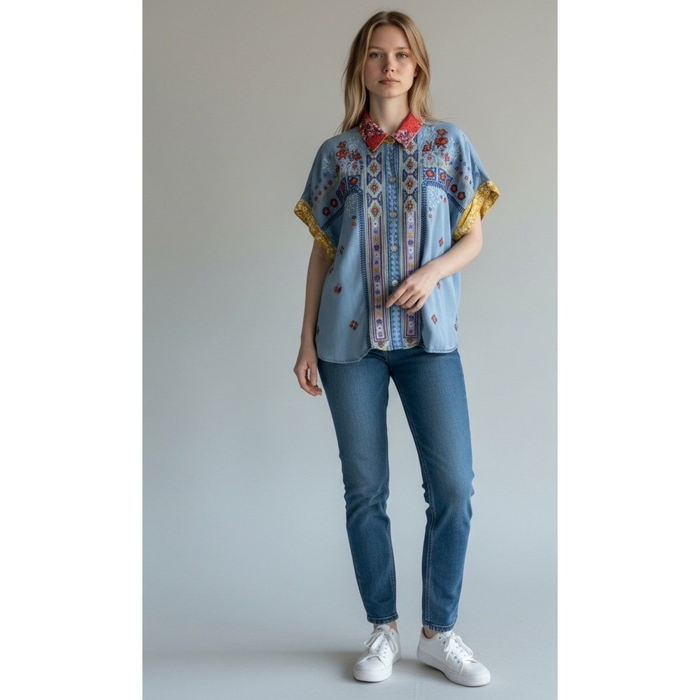 John Mark Light Blue Embroidered Button-Down with Red Collar and Gold Trim